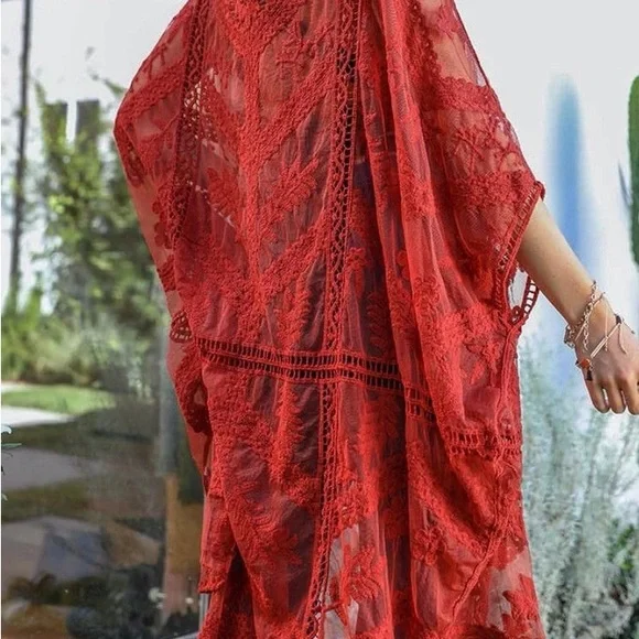 Lace Red Rust Oversized Duster Kimono One Size Fits All - Picture 2 of 8